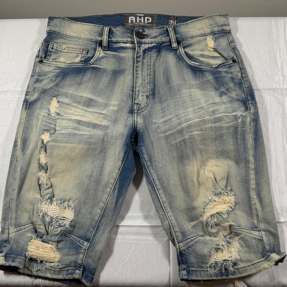 AHP Another Hype Piece Mens Distressed Acid Wash Denim Shorts Size 34 Streetwear